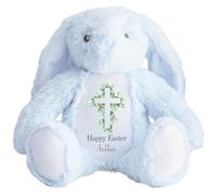 HotScamp Personalised Easter Bunny with Name - Happy Easter Cross Leaves Christian Jesus - Soft Toy for Baby, Toddler, Child, Kids, Babies Spring Time - Blu Bunny