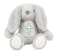 HotScamp Personalised Easter Bunny with Name - Happy Easter Cross Leaves Christian Jesus - Soft Toy for Baby, Toddler, Children, Kids, Babies Spring Time - Grey Bunny