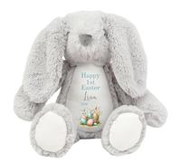 HotScamp Personalised Easter Bunny with Name - Happy Easter Egg Basket 2026 Blue - Soft Toy for Baby, Toddler, Child, Kids, Babies Spring Time - Blue Letter Grey Bunny