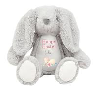 HotScamp Personalised Easter Bunny with Name - Happy Easter Egg Pink - Soft Toy for Baby, Toddler, Child, Kids, Babies Spring Time - Pink Letter Grey Bunny