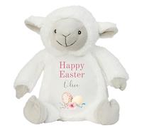 HotScamp Personalised Easter Bunny with Name - Happy Easter Egg Pink - Soft Toy for Baby, Toddler, Children, Kids, Babies Spring Time - Pink Letter White Sheep Lamb