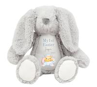 HotScamp Personalised Easter Bunny with Name - My 1st Easter Chick 2025 Blue - Soft Toy for Baby, Toddler, Child, Kids, Babies Spring Time - Blue Letter Grey Bunny