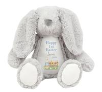 HotScamp Personalised Easter Bunny with Name - Rabbit 1st Easter 2026 Blue - Soft Toy for Baby, Toddler, Child, Kids, Babies Spring Time - Blue Letter Grey Bunny