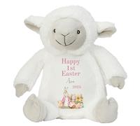 HotScamp Personalised Easter Bunny with Name - Rabbit Happy 1st Easter 2025 Pink - Soft Toy for Baby, Toddler, Child, Kids, Babies Spring Time - Pink Letter White Sheep Lamb