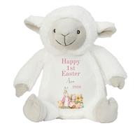 HotScamp Personalised Easter Bunny with Name - Rabbit Happy 1st Easter 2026 Pink - Soft Toy for Baby, Toddler, Child, Kids, Babies Spring Time - Pink Letter White Sheep Lamb