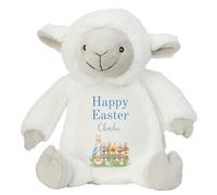 HotScamp Personalised Easter Bunny with Name - Rabbit Happy Easter Blue - Soft Toy for Baby, Toddler, Children, Kids, Babies Spring Time - Blue Letter White Sheep Lamb