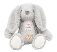 HotScamp Personalised Easter Bunny with Name - Rabbit Happy Easter Pink - Soft Toy for Baby, Toddler, Children, Kids, Babies Spring Time - Pink Letter Grey Bunny
