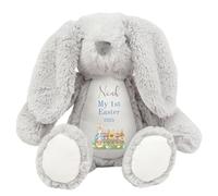 HotScamp Personalised Easter Bunny with Name - Rabbit My 1st Easter 2025 Blue - Soft Toy for Baby, Toddler, Child, Kids, Babies Spring Time - Blue Letter Grey Bunny