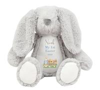 HotScamp Personalised Easter Bunny with Name - Rabbit My 1st Easter 2026 Blue - Soft Toy for Baby, Toddler, Child, Kids, Babies Spring Time - Blue Letter Grey Bunny