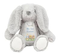 HotScamp Personalised Easter Bunny with Name - Rabbit My 1st Easter Blue - Soft Toy for Baby, Toddler, Child, Kids, Babies Spring Time - Blue Letter Grey Bunny