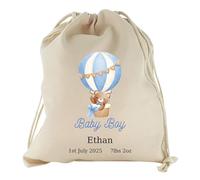 HotScamp Personalised Gift Bag - Custom Name New Baby Boy Drawstring Sack - Personalise Name Newborn New Baby Boy Girl Birth Announcement Cotton Canvas Present Treat - Canvas M - 31 x 48cm