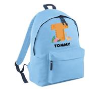 HotScamp Personalised Kids Dino Backpack with Dinosaur Initial and Name Rucksack Named Bag for Nursery Preschool Starter Set for Reception Primary School Customised - Sky Blue Large
