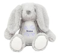 HotScamp Personalised Mother's Day Soft Toy Bunny Ideal for Easter Birthday Christmas, Floral Nana Blue Flowers Cuddly Keepsakes for Grandmothers Nanas - Grey Bunny