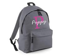 HotScamp Personalised School Backpack with Custom Colour Initial and Name Rucksack, Customised Bag For Back to School Primary High Preschool Nursery College Work Bag Travel Gym Back Pack - Grey Large