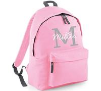 HotScamp Personalised School Backpack with Custom Colour Initial and Name Rucksack, Customised Bag For Back to School Primary High Preschool Nursery College Work Bag Travel Gym Back Pack - Pink Small