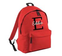 HotScamp Personalised School Backpack with Custom Colour Initial and Name Rucksack, Customised Bag For Back to School Primary High Preschool Nursery College Work Bag Travel Gym Back Pack - Red Small