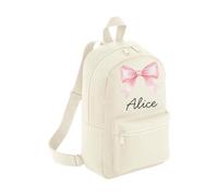 HotScamp Personalised Toddler Backpack - Pink Bow Ribbon Custom Name Rucksack Cute Customised Bag For School Primary Preschool Starting Nursery Holiday Baby Kids Children Nappy Bag - Natural Small