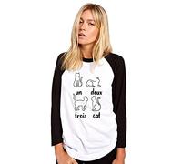 HotScamp Un Deux Trois Cat French - Womens Baseball Top - Cute Kitty Pet Large White/Black
