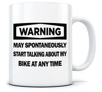 HotScamp Warning - May Start Talking About My Bike - Mug for Tea Coffee - Funny Biker Cyclist One Size White