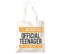HotScamp Warning Official Teenager May Contain Attitude - Tote Shopping Bag - Funny Moody Teen Girl Friend Teenage 13th Birthday Teen 13 Years Old Eco Shopper One size natural