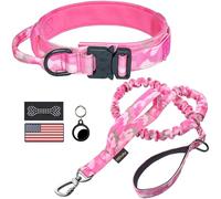 Hotsky Tactical Dog Collar and Leash Set, Heavy Duty Military Airtag Dog Collar with Handle and Metal Buckle for Training and Walking, with Airtag Holder and Two Patches (Pink Camo, M)