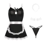HOTSO Women's Cosplay French Maid Fancy Costume Sexy Lingerie Spaghetti Strappy Teddy Bodysuit Outfit Role Play Uniform Nighties & Apron & Wristbands Naughty Babydoll Nightdress Sleepwear for Women