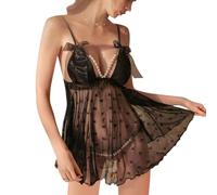 HOTSO Women's Sexy Lingerie 2 Pieces Bow Print See Through Lace Mesh Sheer Chemise Pearl Half Cup Nightdress Deep V Dress Teddy Babydoll Negligees, Naughty Pajamas Underwear with Thongs for Women