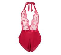 HOTSO Women's Sexy Lingerie One Piece Teddy Bodysuit Halter Tie Deep V Mini See Through Mesh Sheer Soft Floral Lace Chemise Backless Strappy Jumpsuit, Naughty Babydoll Negligees for Women UK S-XL