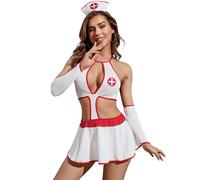HOTSO Women's Sexy Nurse Costume Lingerie Set Naughty Adult Babydoll Cosplay Outfits Uniform Bikini Nightwear, Ladies Roleplay Fancy Dress Nightdress with Sleeves for Women Bedroom Halloween