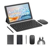 HOTTABLET 10" Android 15 Tablet, 12(4+8Expand) GB RAM+64GB ROM, 2+8MP Dual Camera, 6000mAh Battery (Tablet+case+Stylus+Keyboard+Mouse), Black