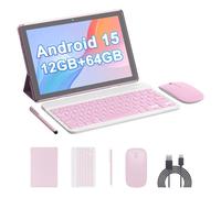 HOTTABLET 10" Android 15 Tablet, 12(4+8Expand) GB RAM+64GB ROM, 2+8MP Dual Camera, 6000mAh Battery (Tablet+case+Stylus+beyboard+Mouse), Pink