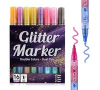 HOTU Feutres À Paillettes, 16 Marqueur De Peinture Acrylique Paillettes Dual Tip Imperméable Pour Peinture Sur Pierre, Céramique, Bois, Tissu, Scrapbooking, Cartes Ect À Pointe Fine 3 mm