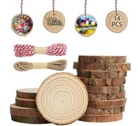 HOTUT 14 Pcs Natural Wood Slices, 7-8cm Unfinished Natural Log Slices for Crafts with 2 Ropes, No Hole Log Wooden Circles with Bark for DIY Wedding Decorations Christmas Ornaments