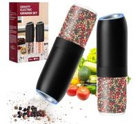 HOTUT 2 Pcs Electric Salt and Pepper Mills, Battery Operated Pepper Grinders, Automatic Mill Grinders with LED Light, One Handed Operation, Adjustable Coarseness, Ceramic Grinder, Black