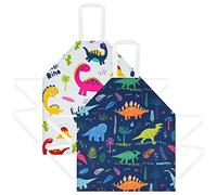 HOTUT 2 Pcs Kids Aprons, Cartoon Style Adjustable Child Chef Aprons, Dinosaur Print Children's Apron for Kids Toddler Painting Baking Artist (White+Blue)