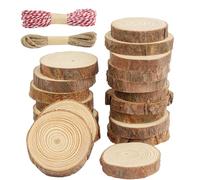 HOTUT 20 Pcs Natural Wood Slices, 5-6cm Unfinished Natural Log Slices for Crafts with 2 Ropes, No Hole Log Wooden Circles with Bark for DIY Wedding Decorations Christmas Ornaments