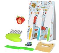 HOTUT 6 Pcs Kids Plastic Knives Set, Kids Knife Set for Chopping, Child Safety Kitchen Knives in 4 Sizes, with Wooden Knife & Crinkle Cutter for Vegetables, Fruits, Salad, Cake (BPA-Free)
