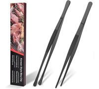 HOTUT Cooking Tweezers Tongs Precision Serrated Tips,2pcs 30cm Kitchen Cooking Tweezers Culinary,Stainless Steel Long Tweezer Tongs,Straight Tweezers Kitchen Tool for BBQ,Plating and Serving (Black)