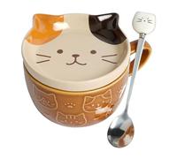 HOTUT Cute Cat Mug with Lid, Cute Animal Coffee Tea Cup Saucer Set, Kawaii Ceramic Mugs with Biscuit Holder and Spoon, Funny Novelty Cat Breakfast Mugs for Girls Friend Kids Men Wife Mum - Brown