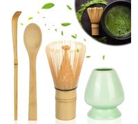 HOTUT Green Tea Ceremony Accessory Set - 4pcs Matcha Whisk, Bamboo Holder, Traditional Spoon - Japanese Tea Set