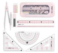 HOTUT Maths Geometry Set, Basics 7-Piece Maths Kit with Transparent Case, Includes Self-Centring Compasses, Protractor, Ruler, Set Squares & Eraser, Pink