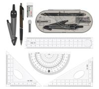 HOTUT Maths Geometry Set, Basics 8-Piece Maths Kit with Transparent Case, Includes Self-Centring Compasses, Protractor, Ruler, Pencil, Set Squares & Eraser, Black