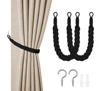 HOTUT Natural Cotton Rope Curtain Tiebacks, 2 Pack Hand Knitting Curtains Tied Rope, Elegant Boho Style Decorative Drape Tie Soft Rope Curtain Holdbacks with Metal Hook for Home & Office, Black