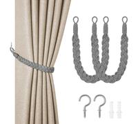 HOTUT Natural Cotton Rope Curtain Tiebacks, 2 Pack Hand Knitting Curtains Tied Rope, Elegant Boho Style Decorative Drape Tie Soft Rope Curtain Holdbacks with Metal Hook for Home & Office, Grey