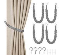 HOTUT Natural Cotton Rope Curtain Tiebacks, 4 Pack Hand Knitting Curtains Tied Rope, Elegant Boho Style Decorative Drape Tie Soft Rope Curtain Holdbacks with Metal Hook for Home & Office, Grey