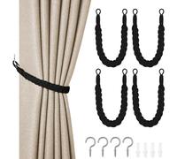 HOTUT Natural Cotton Rope Curtain Tiebacks, 4 Pack Hand Knitting Curtains Tied Rope, Elegant Boho Style Decorative Drape Tie Soft Rope Curtain Holdbacks with Metal Hook for Home & Office, Black