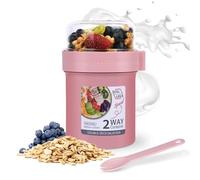 HOTUT Overnight Oats Container, 560 ML Reusable Yogurt Cup With Spoon - Leak-Proof Split Cereal Storage Jar for Breakfast, Milk, Fruit on The Go