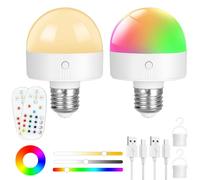 HOTUT Rechargeable Light Bulbs with Remote,E26/E27 Battery Light Bulb,RGB Color Changing Bulb with 3 Memory Function,15 Color Choices,Dimmable Battery Powered Light Bulbs for Non Hardwired Lamps