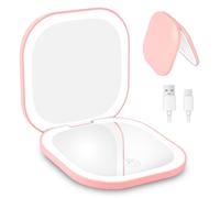 HOTUT Small Portable LED Pocket Mirror,1X/3X Magnification Compact Mirror with Light,Handheld 2-Sided Magnetic Switch Fold,Rechargeable Battery,3 Colors Brightness Adjustable for Handbag,Travel(Pink)