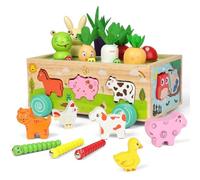 HOTUT Toddler Montessori Wooden Farm Shape Sorter Learning Educational Toys, Wood Animal Farm Car Preschool Fine Motor Skills Toys for Boys Girls